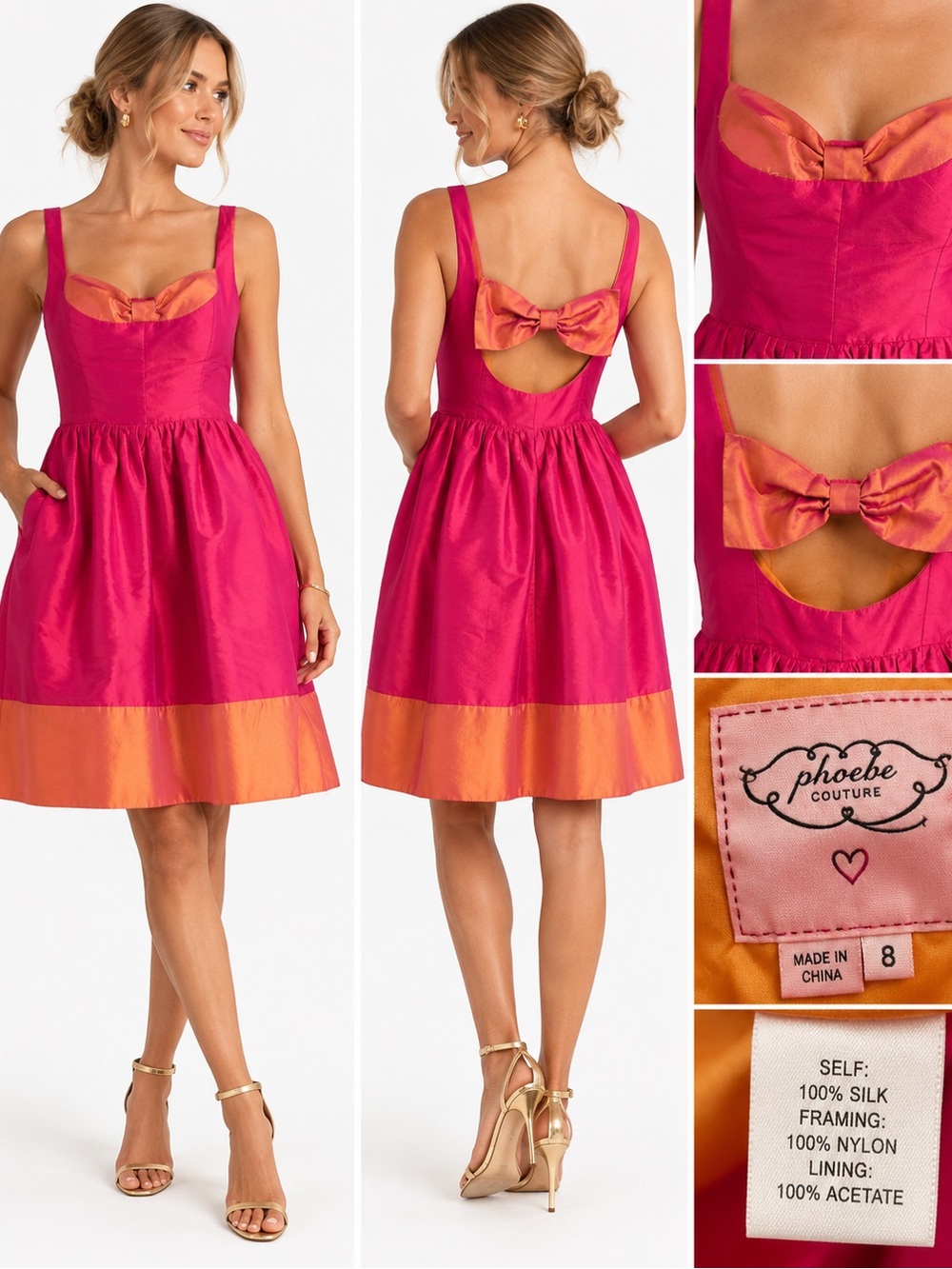 Phoebe Couture Silk Bow Back Cocktail Dress Pink Orange Size 8